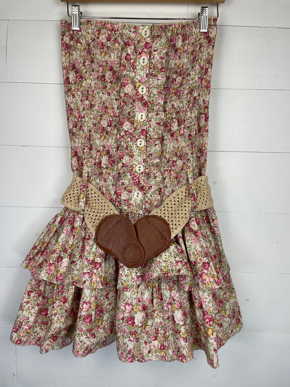 Vintage Deb Y2K Floral Strapless Mini Dress Smocked Tiered Cottagecore Belt Sz L
